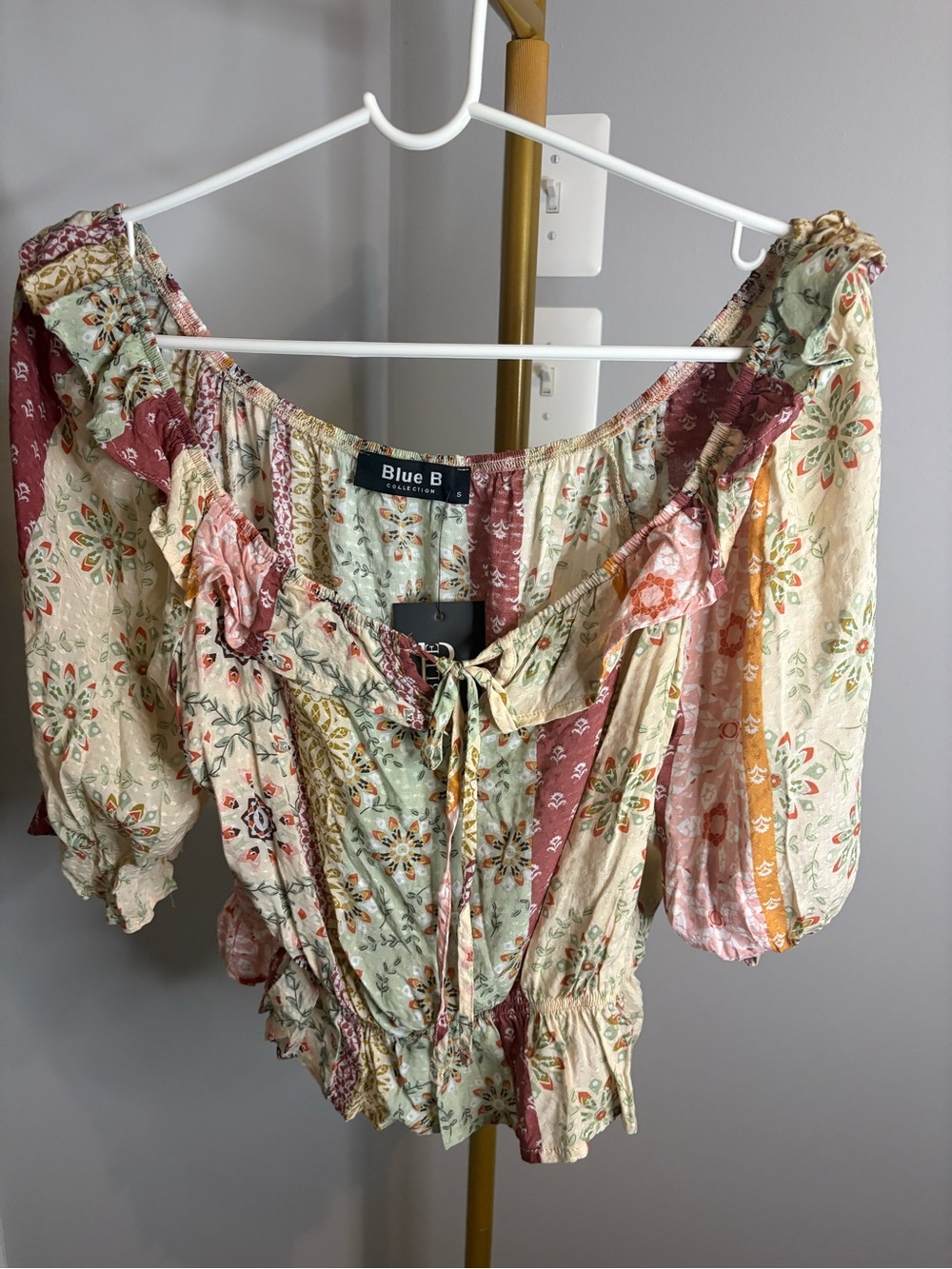 Blue B Floral Patchwork Off-Shoulder Crop Top in Multi